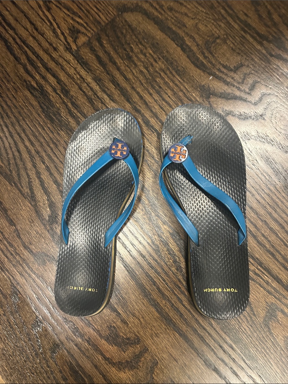 Tory Burch Black Flip Flop Sandals with Blue Straps and Orange Logo